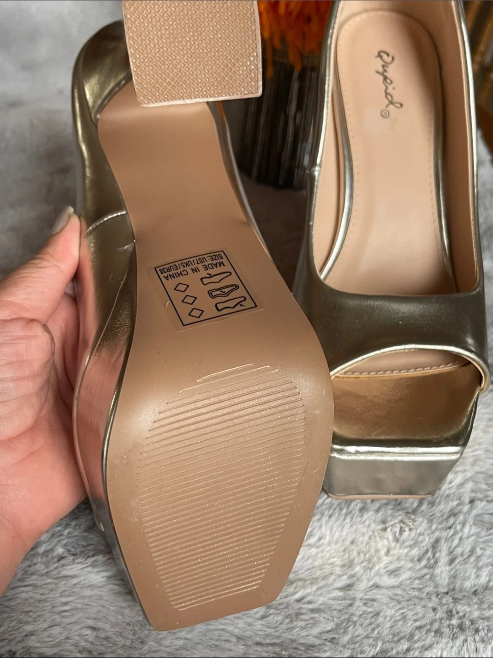 Qupid Metallic Gold Peep-Toe Platform Heels